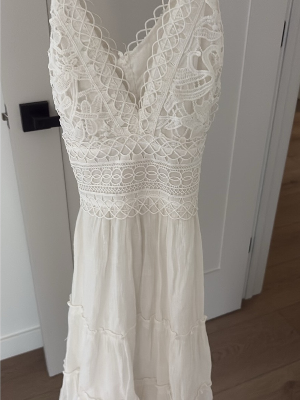 Lace Trim V-Neck Cream Maxi Dress